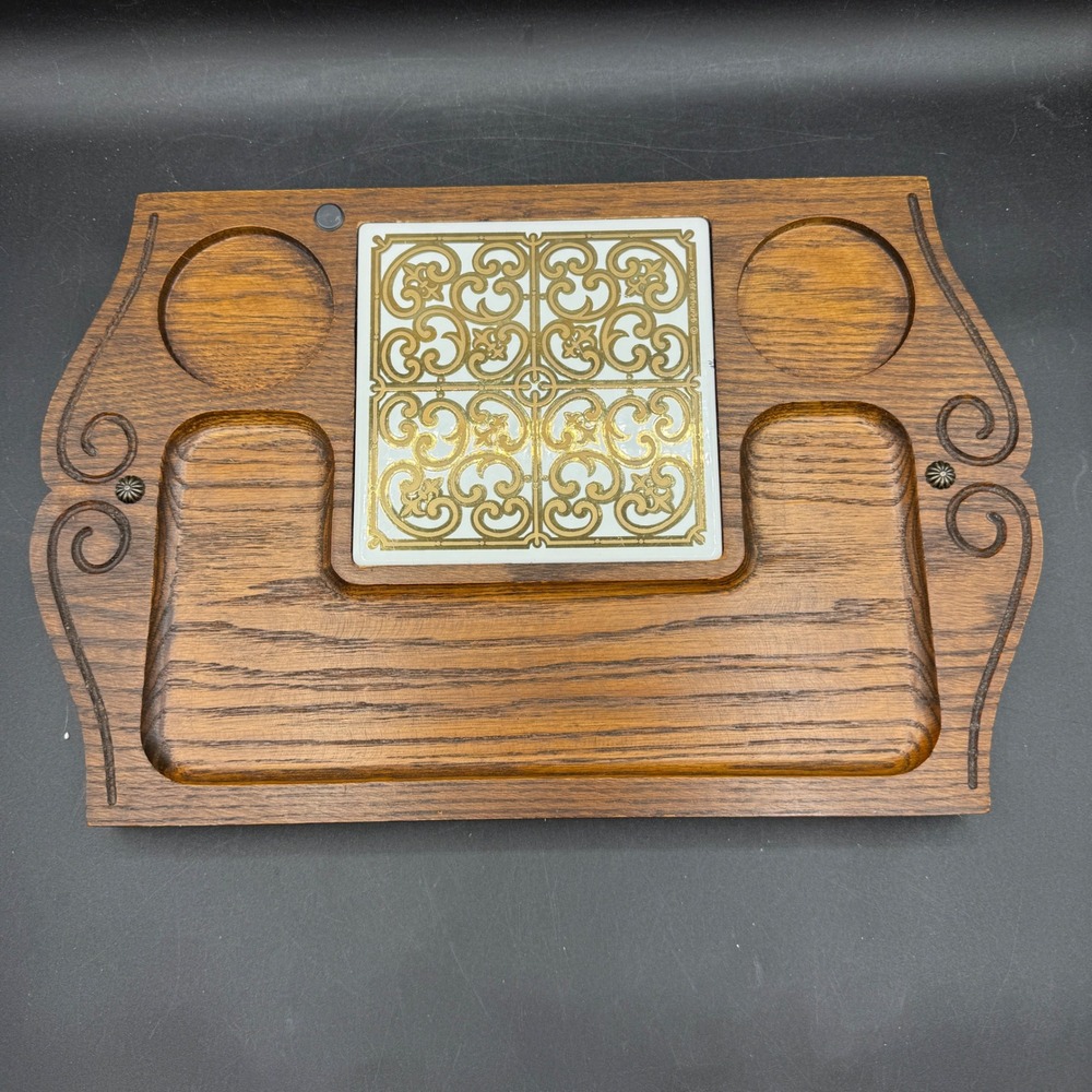 Vintage Georges Briard Cheese Tray Wood Tile Charcuterie MCM 70s Retro Boho Gold